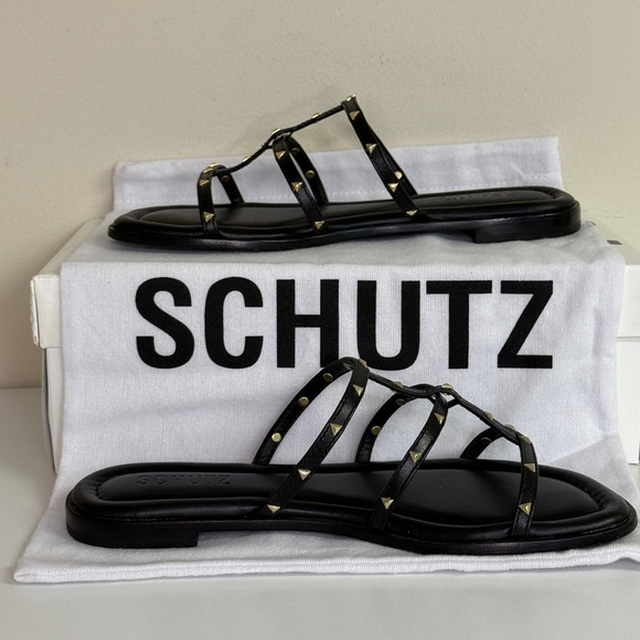 SCHUTZ: Ali Studded Sandal, Black | Gold Flat, Women's Size 6 - Picture 2 of 10
